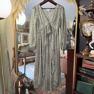 Altar'd State Sage Pastel Green Floral Long Sleeve Ruffle Maxi Dress